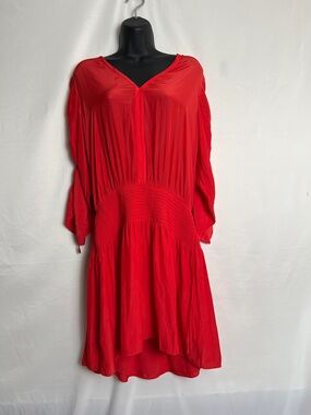 Ramy Brook Red V-Neck Smocked-Waist Dress